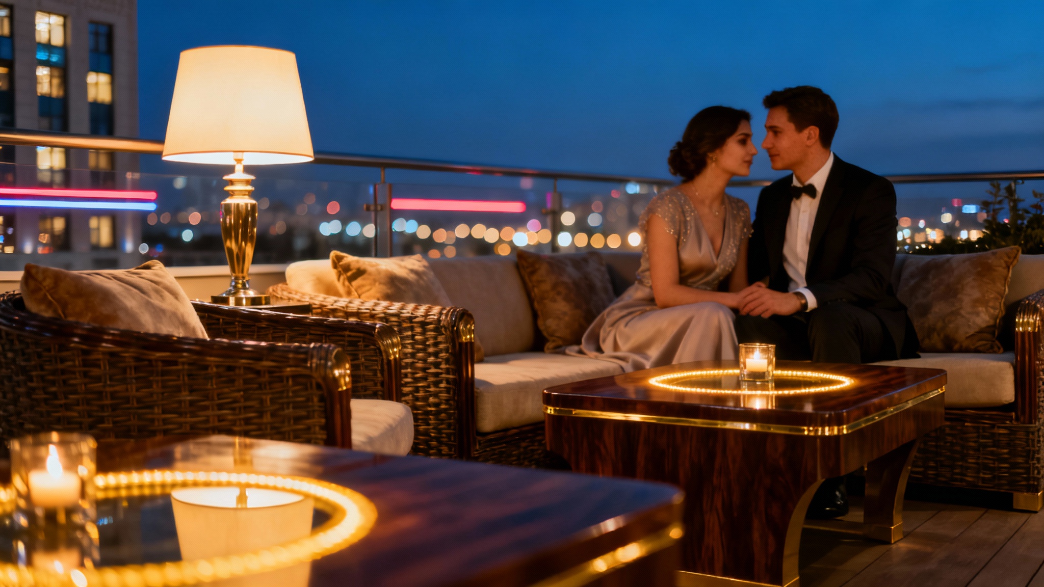 Вечерний вид на лаунж-зону Hilton Tashkent City
